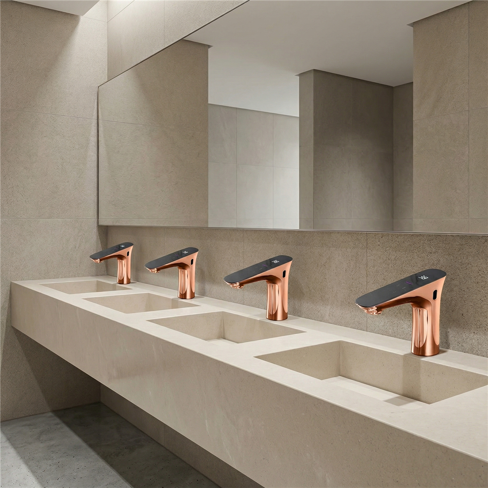 Modern airport restroom faucet specification with multiple touchless faucets and commercial sink counter