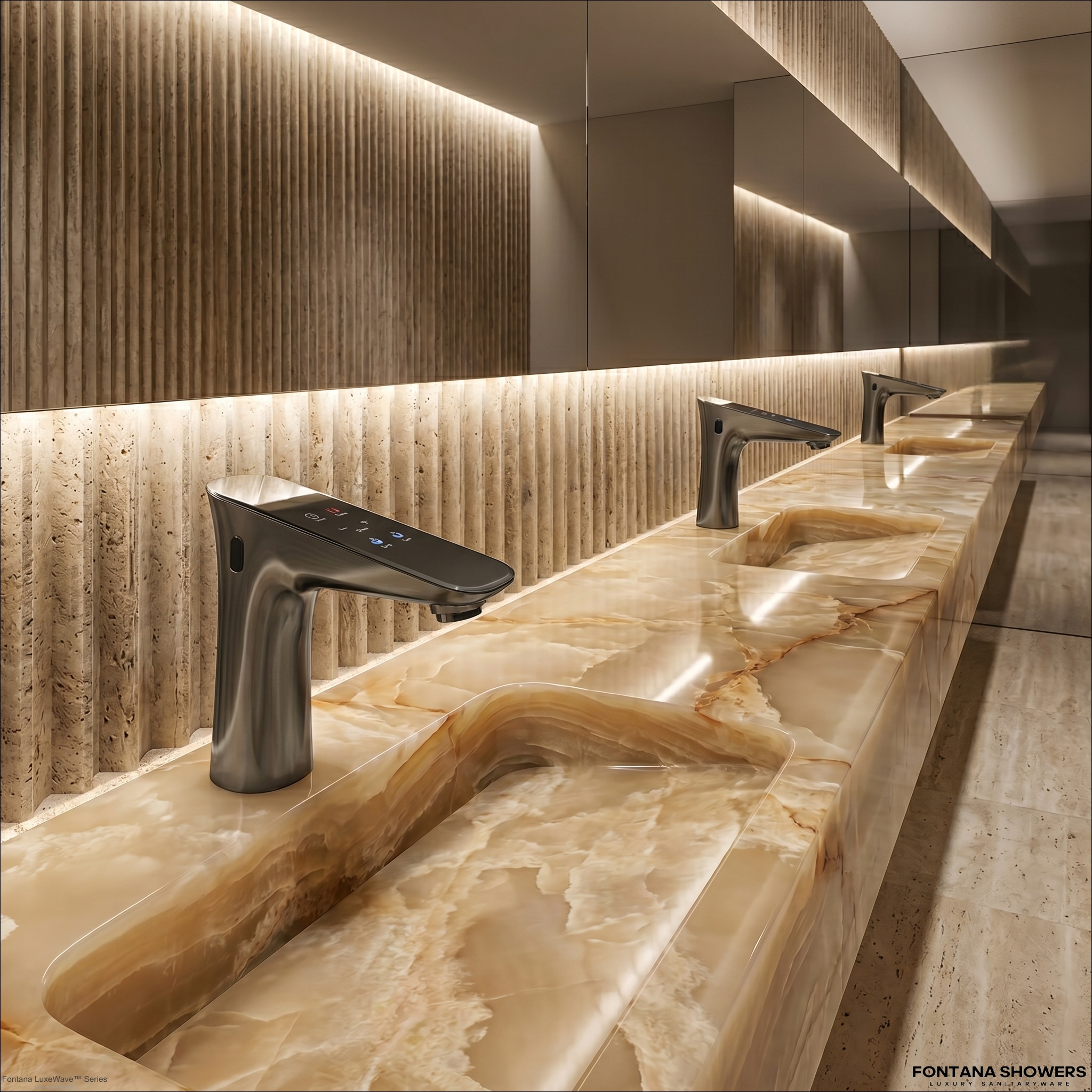 Private aviation restroom suites with premium faucet fixtures and luxury terminal finish coordination