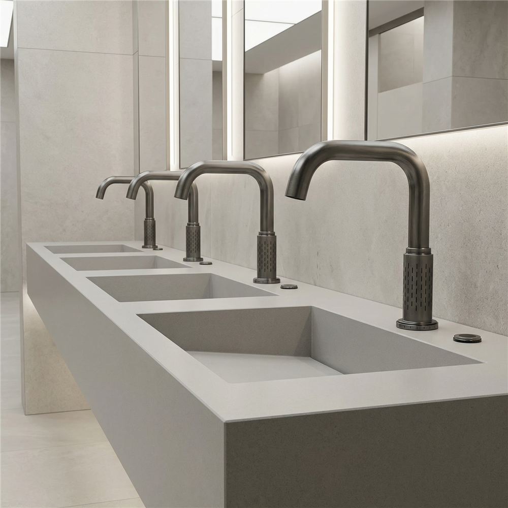 Gold finish aviation touchless faucet certification-style restroom fixture visual