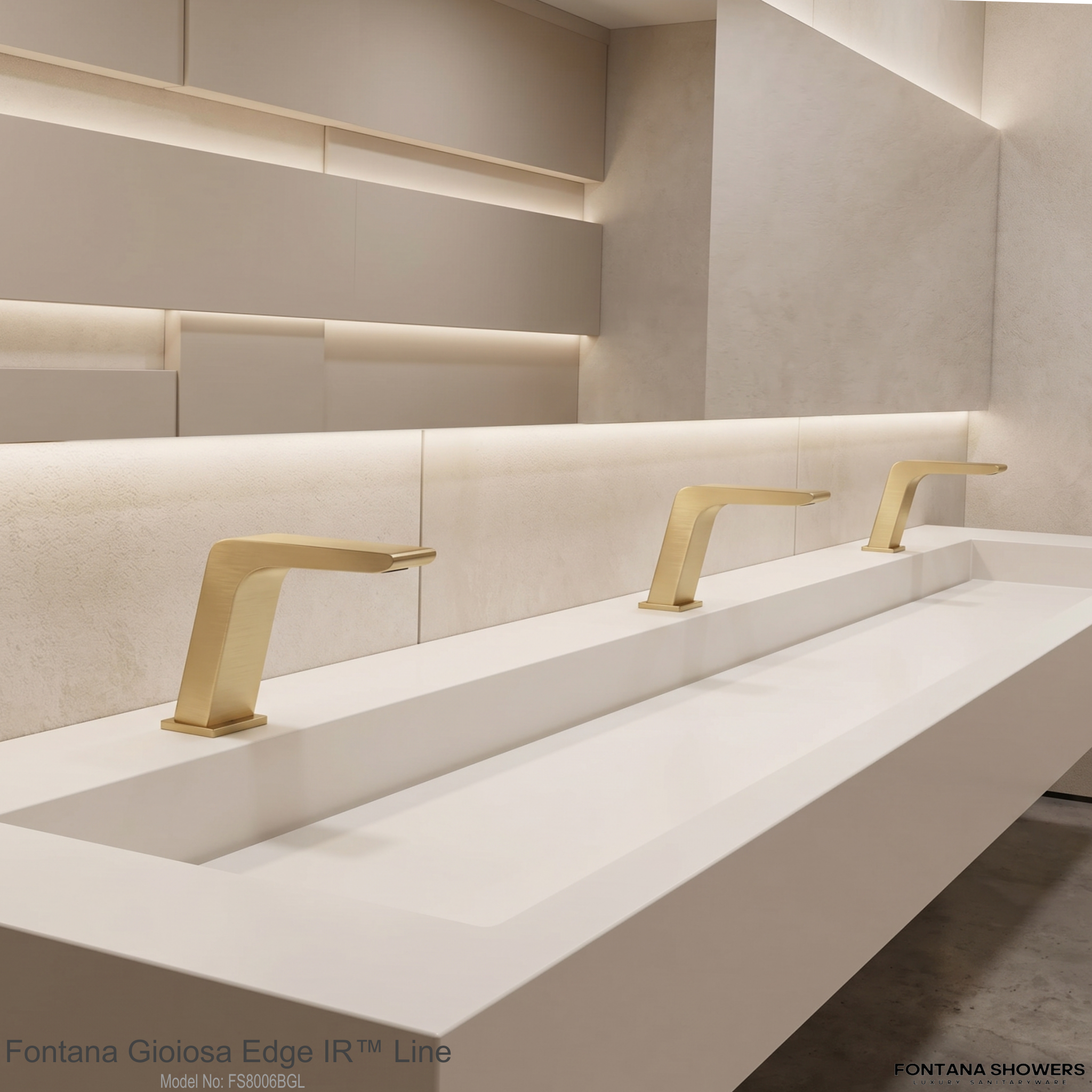 Premium airport restroom with gold wall-mounted touchless faucets above integrated sinks
