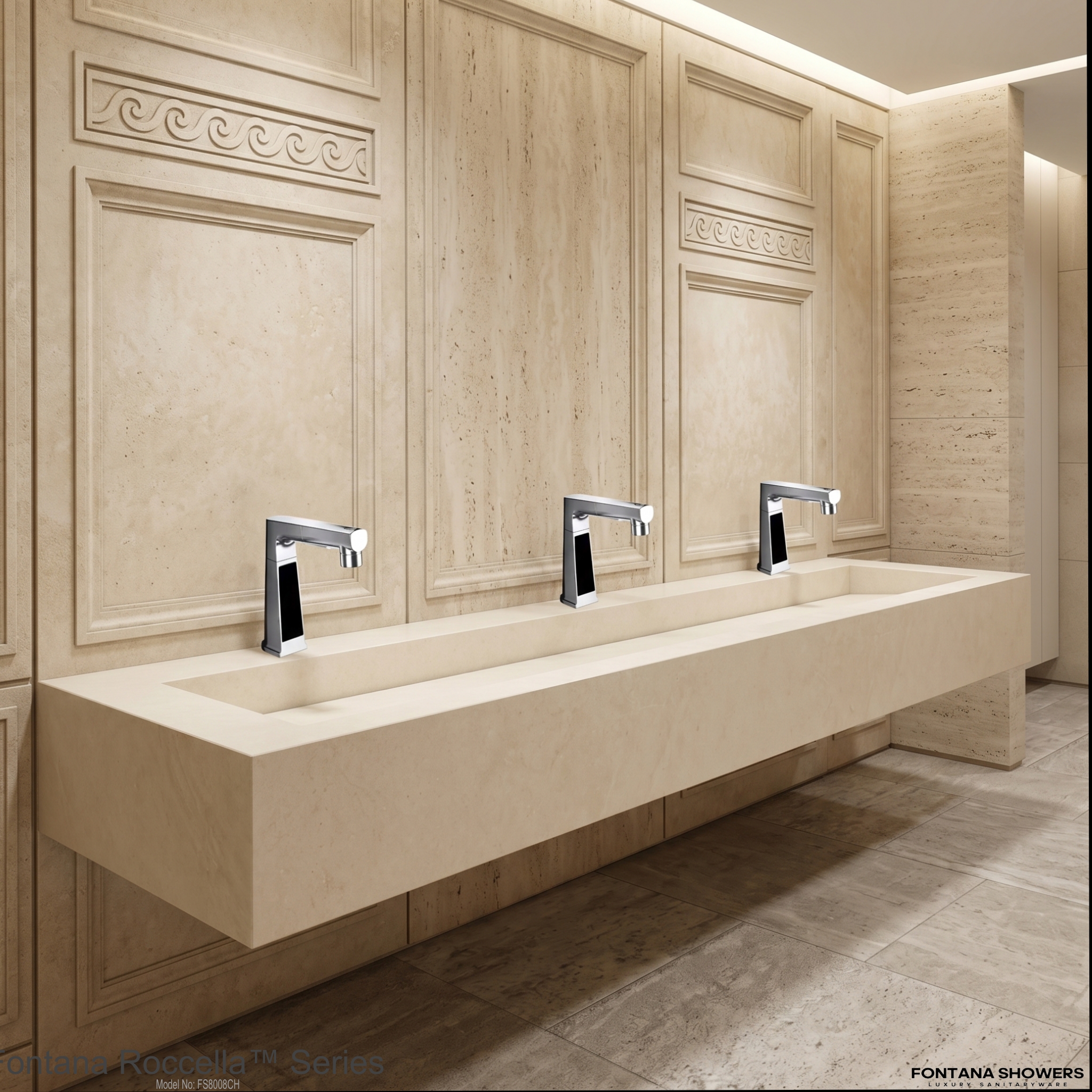 Modern airport restroom with long trough sink and multiple chrome touchless faucets