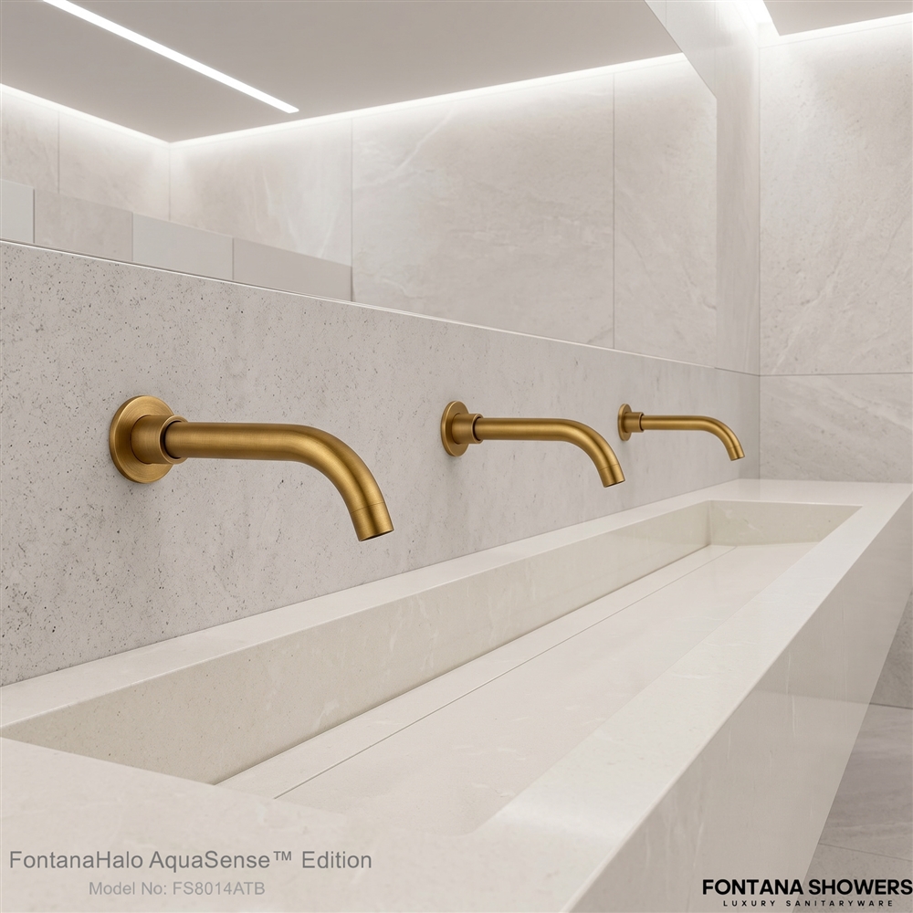 Tampa International Airport restroom with touchless sink faucets and modern backlit mirrors