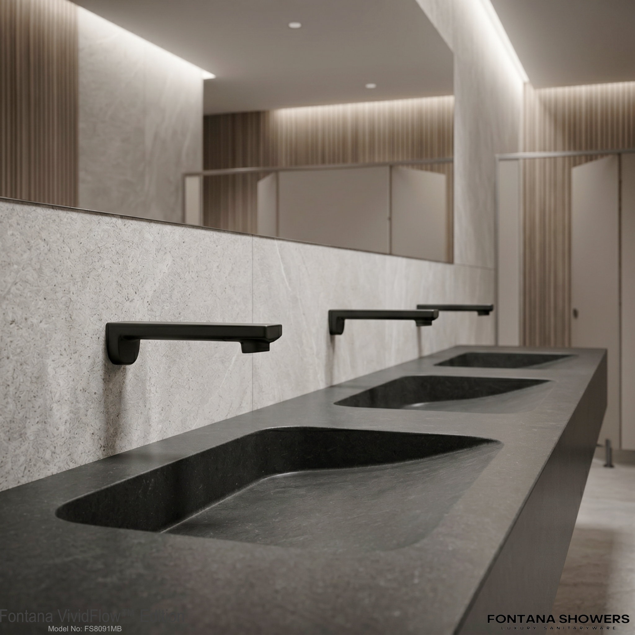 Commercial airport restroom touchless sensor faucets with accessible sink counter design