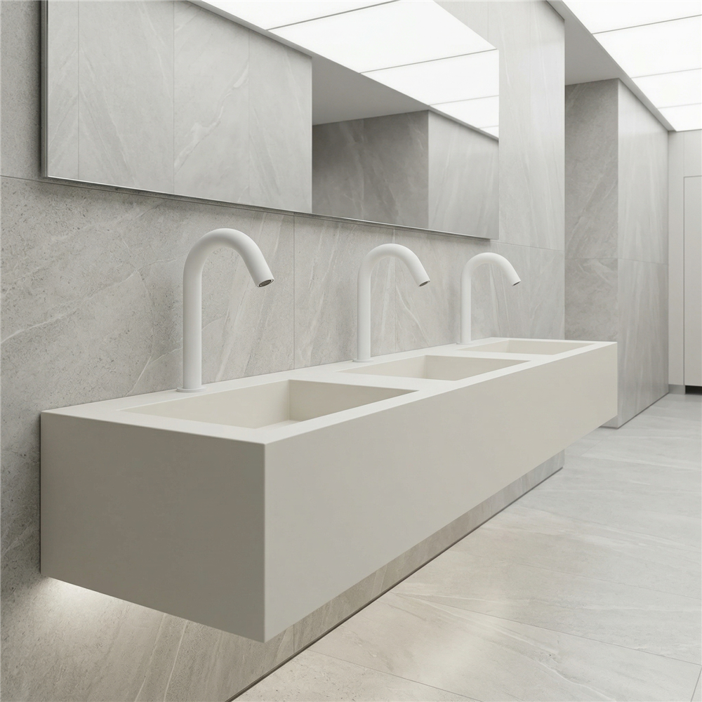 Modern airport restroom sink bank with multiple touchless faucet stations for passenger handwashing