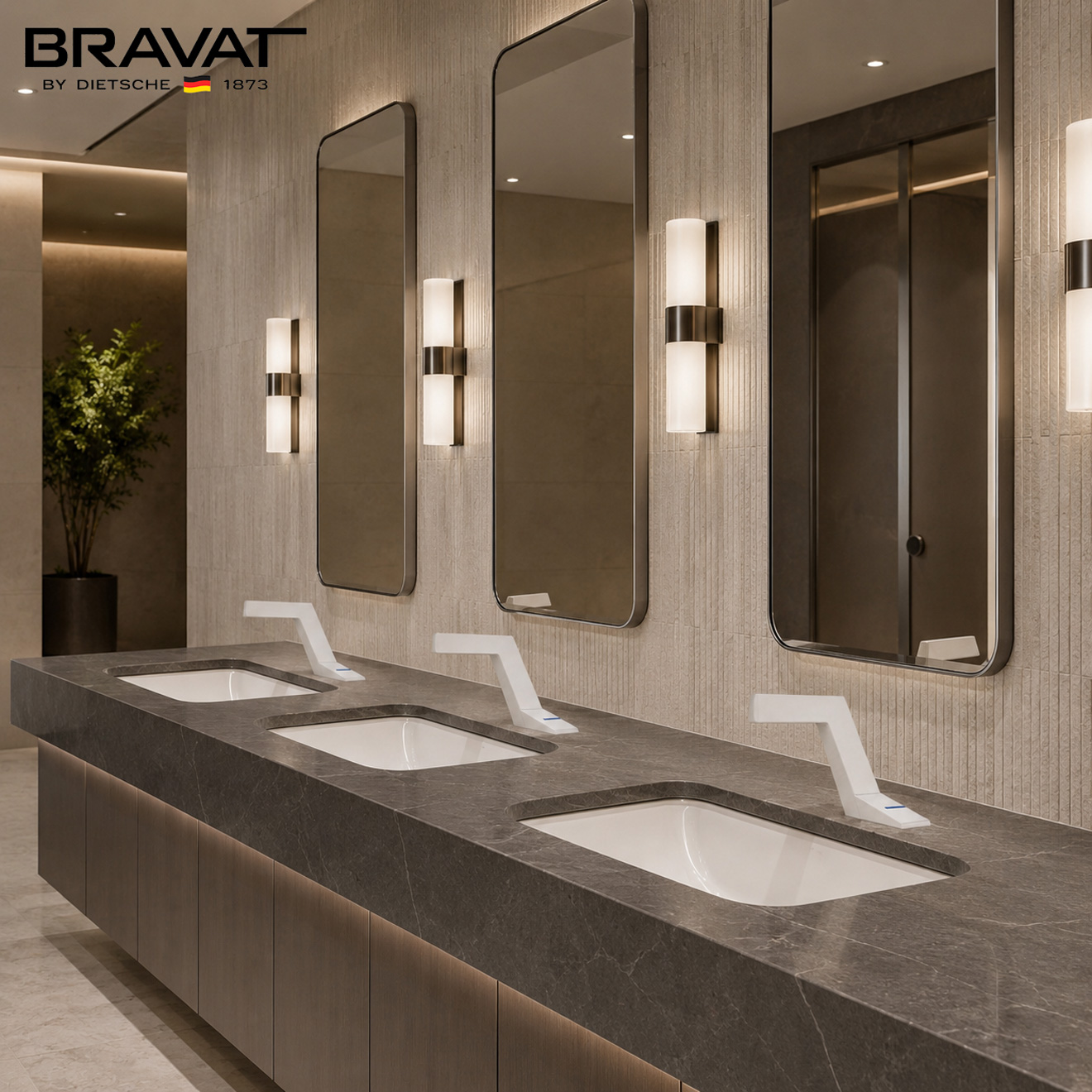 Commercial touchless airport restroom faucet bank image frame