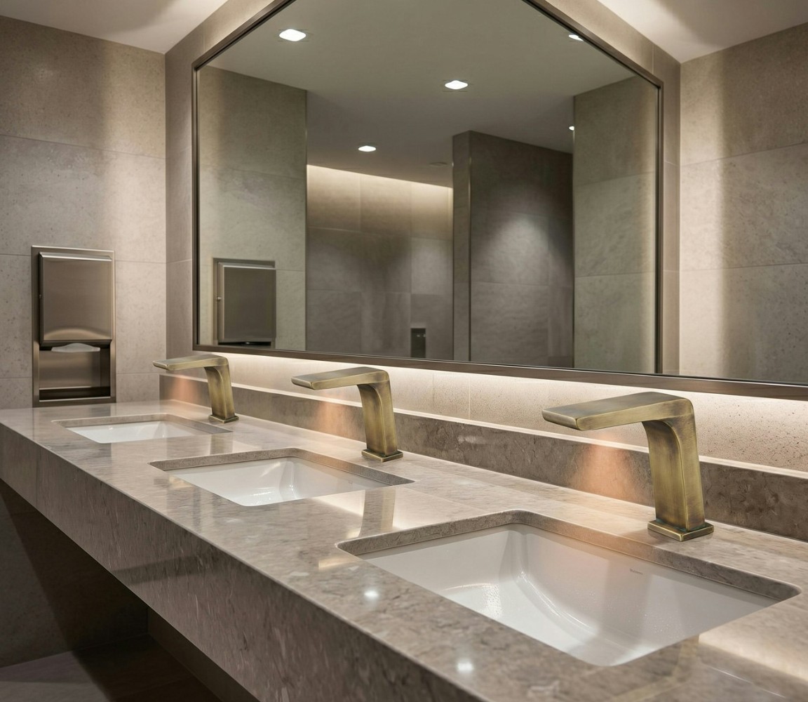 Airport restroom vanity with touchless faucet planning and clean counter layout