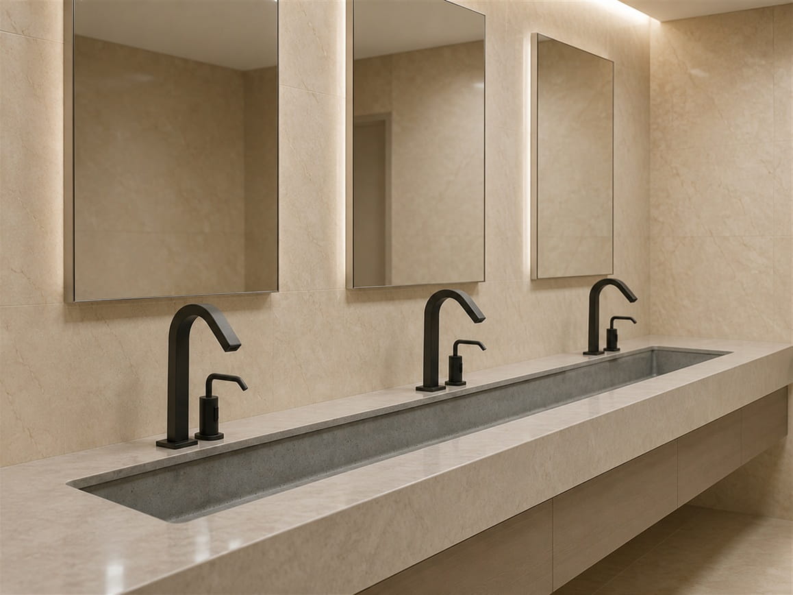 Private airport restroom with spa-inspired design and premium faucet fixture coordination