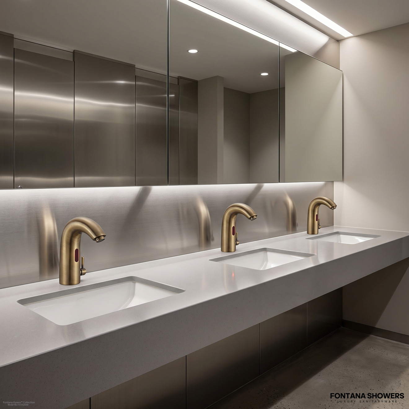 Premium airport restroom with wall-mounted touchless faucets and integrated sinks