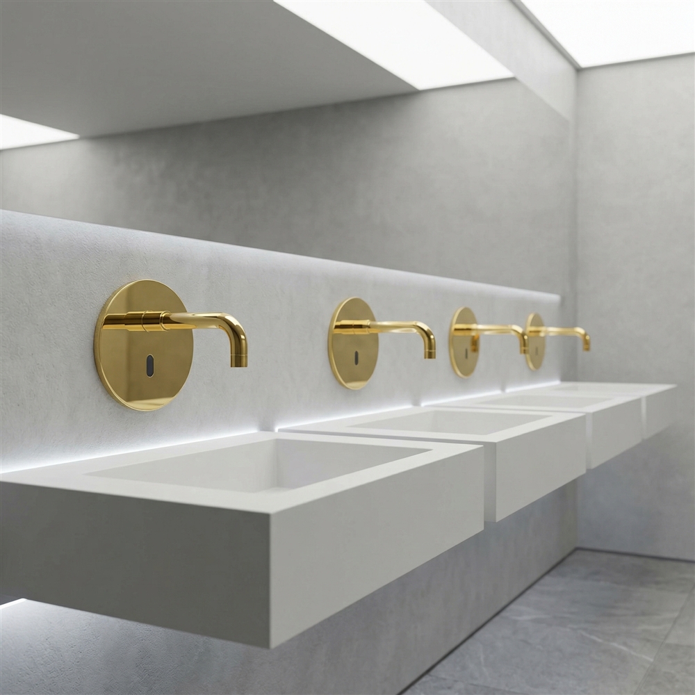 Modern airport restroom sink area with touchless aviation faucets
