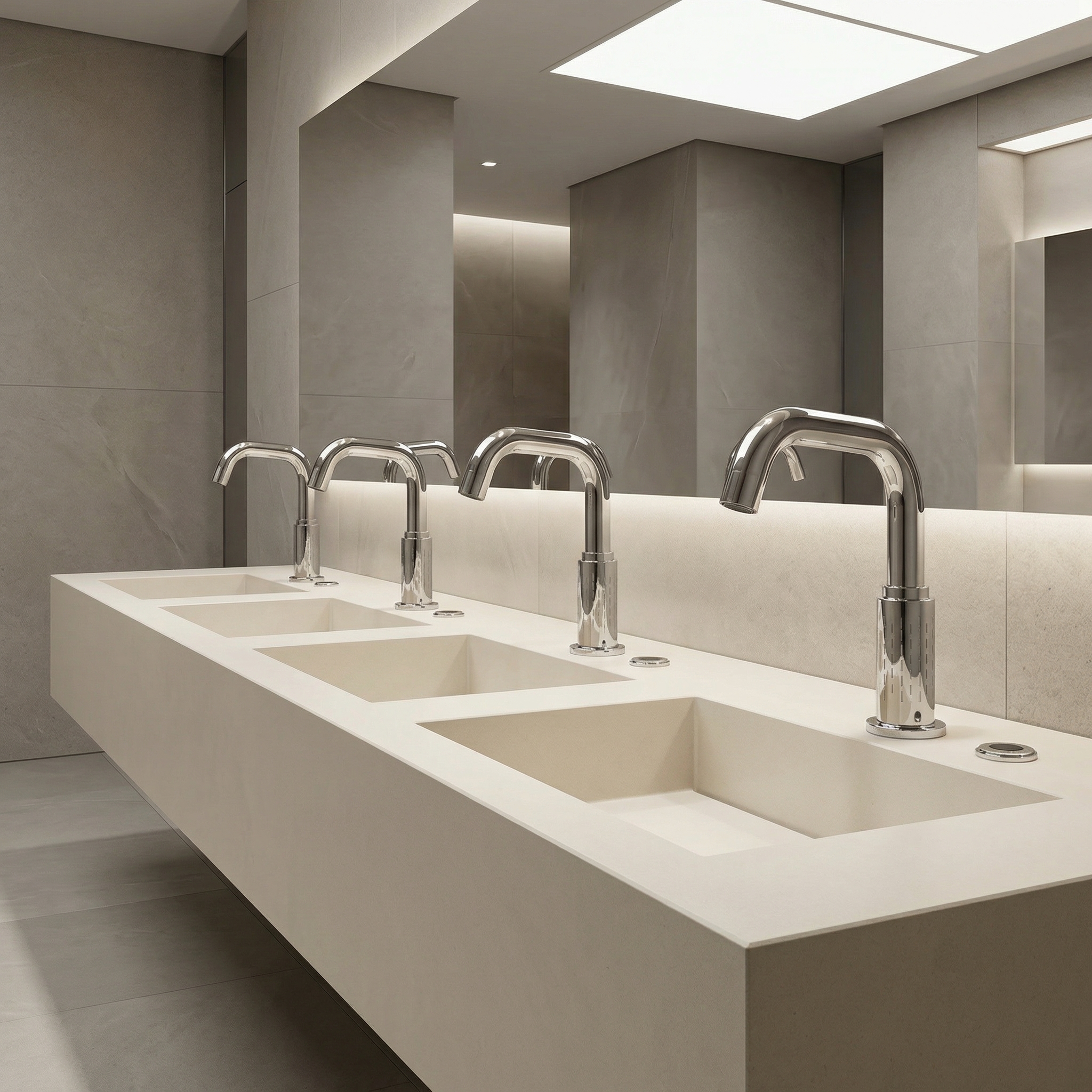 Airport restroom architecture with clean layout and fixture visibility