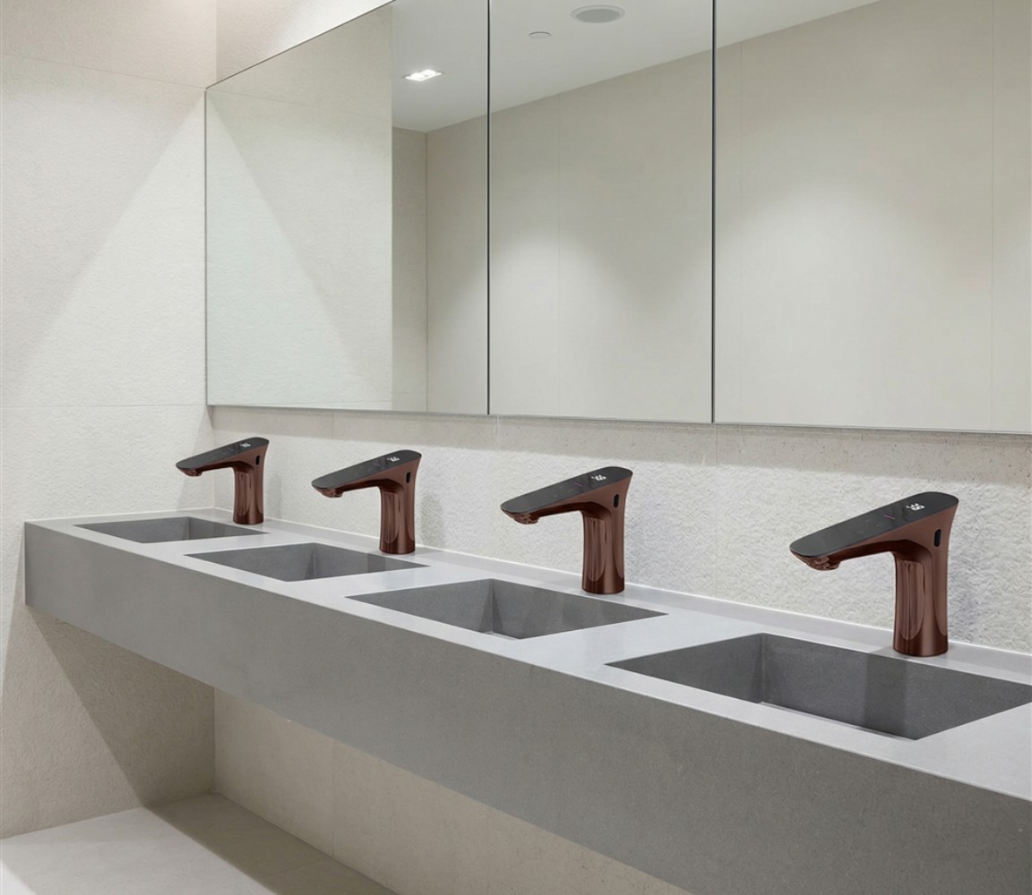 Brushed gold sensor faucet and dispenser set suitable for water-saving commercial aviation restrooms